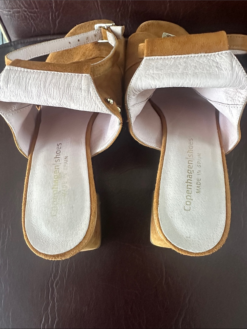 White & Tan Suede Slingback Mules